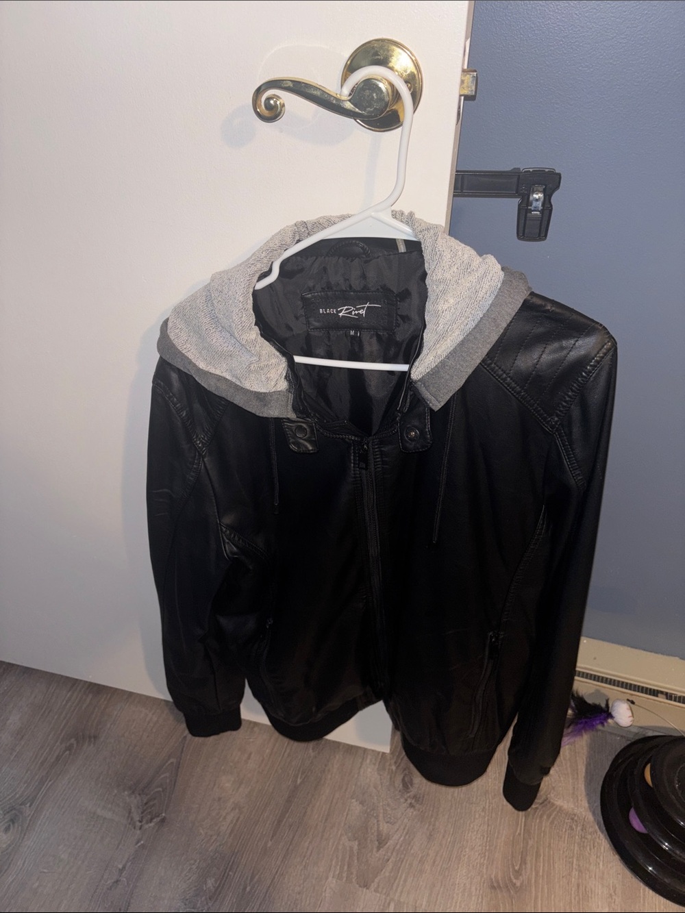 Black Rivet Black Faux Leather Bomber Jacket with Gray Hood